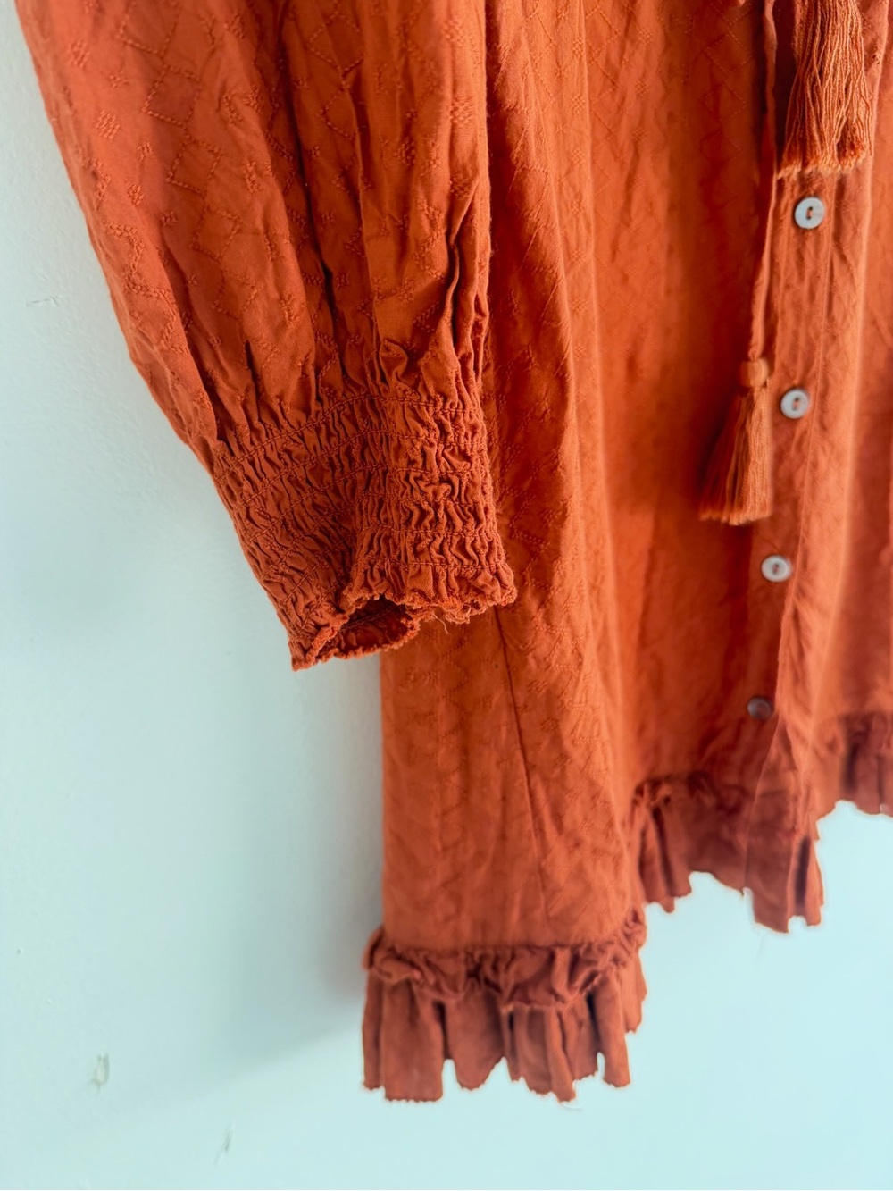 Faherty Rust ruffle Long Sleeve Mini Dress Size Medium 8731 - Picture 5 of 10